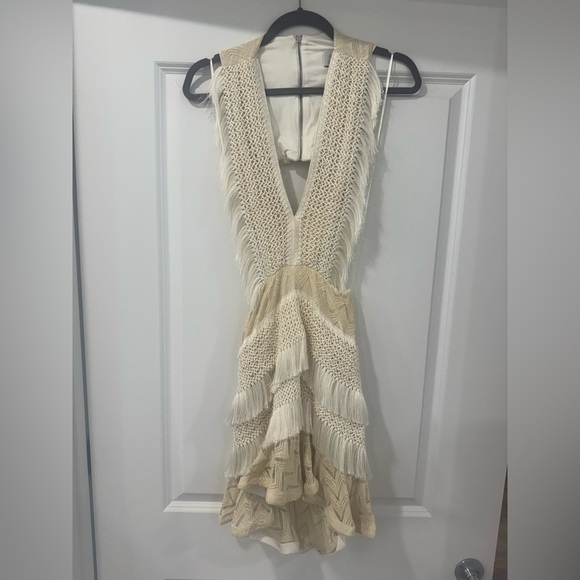 PATBO X ALESSANDRA PLUNGE FRINGE TRIM MINI DRESS CREAM SIZE US 4 / BRA 36 - Picture 3 of 5